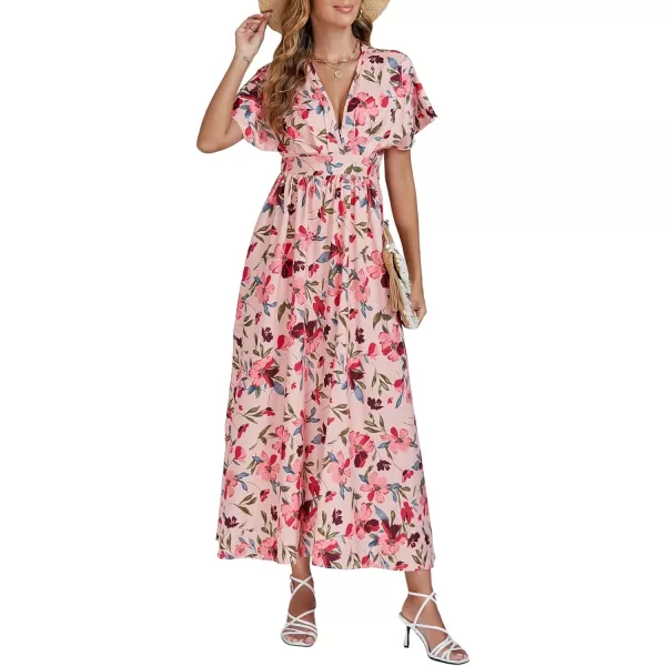 LYANER Women's Floral Boho Deep V Neck Batwing Short Sleeve High Waist Split Slit Shift Dress