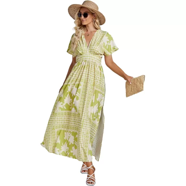 LYANER Women's Floral Boho Deep V Neck Batwing Short Sleeve High Waist Split Slit Shift Dress