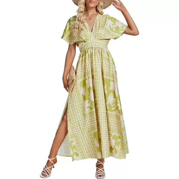 LYANER Women's Floral Boho Deep V Neck Batwing Short Sleeve High Waist Split Slit Shift Dress