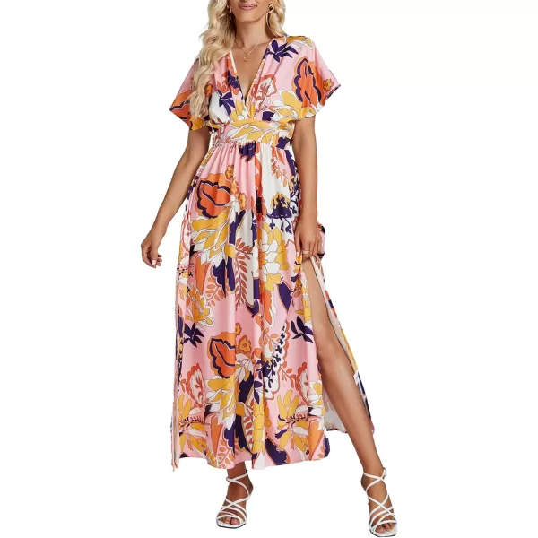 LYANER Women's Floral Boho Deep V Neck Batwing Short Sleeve High Waist Split Slit Shift Dress