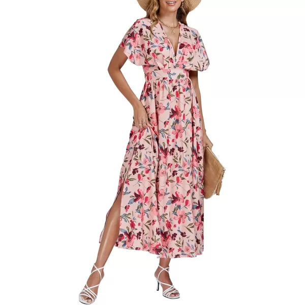 LYANER Women's Floral Boho Deep V Neck Batwing Short Sleeve High Waist Split Slit Shift Dress