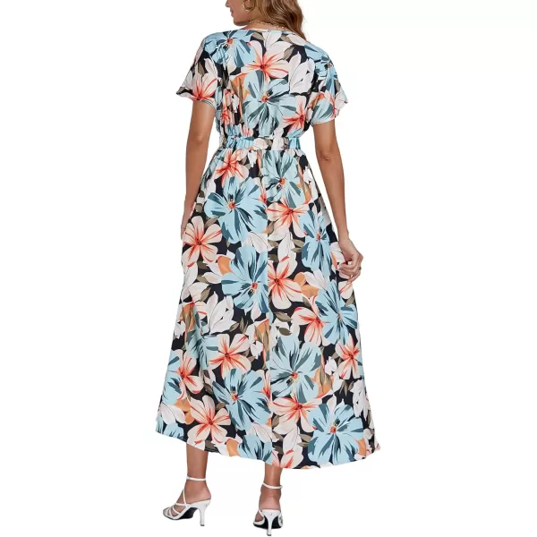 LYANER Women's Floral Boho Deep V Neck Batwing Short Sleeve High Waist Split Slit Shift Dress