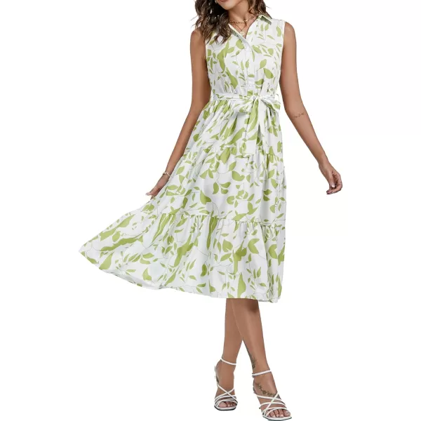 LYANER Women's Floral Button Up Collar Tie Waist Tiered Ruffle Sleeveless Midi Dress