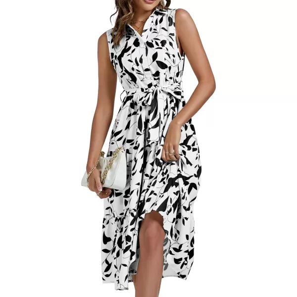 LYANER Women's Floral Button Up Collar Tie Waist Tiered Ruffle Sleeveless Midi Dress