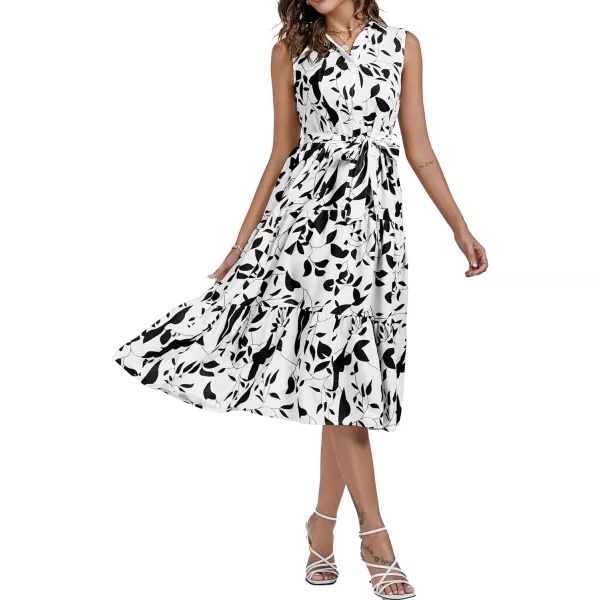 LYANER Women's Floral Button Up Collar Tie Waist Tiered Ruffle Sleeveless Midi Dress