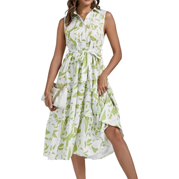 LYANER Women's Floral Button Up Collar Tie Waist Tiered Ruffle Sleeveless Midi Dress