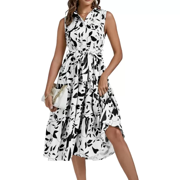 LYANER Women's Floral Button Up Collar Tie Waist Tiered Ruffle Sleeveless Midi Dress