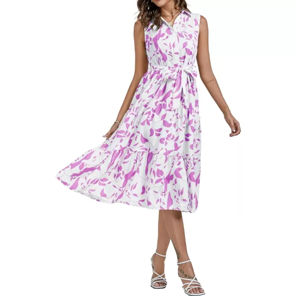 LYANER Women's Floral Button Up Collar Tie Waist Tiered Ruffle Sleeveless Midi Dress