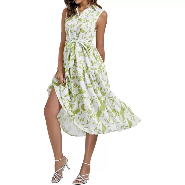 LYANER Women's Floral Button Up Collar Tie Waist Tiered Ruffle Sleeveless Midi Dress