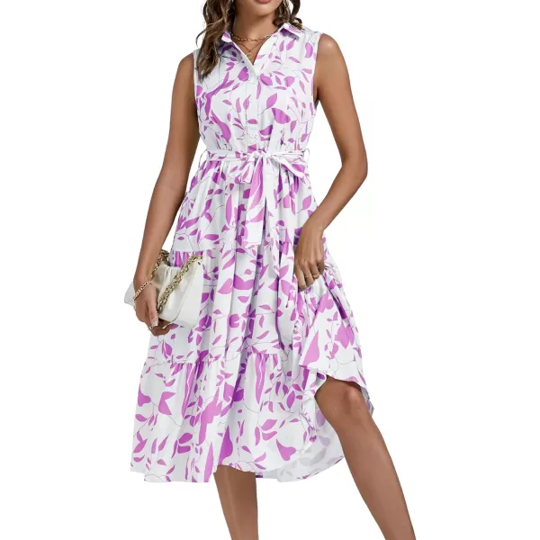 LYANER Women's Floral Button Up Collar Tie Waist Tiered Ruffle Sleeveless Midi Dress