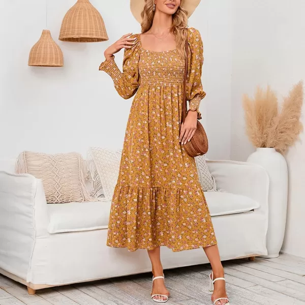 LYANER Women's Floral Shirred Square Neck Pleated Ruffle Flowy Hem Beach Midi Dress