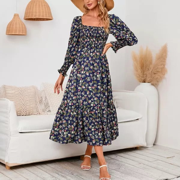 LYANER Women's Floral Shirred Square Neck Pleated Ruffle Flowy Hem Beach Midi Dress