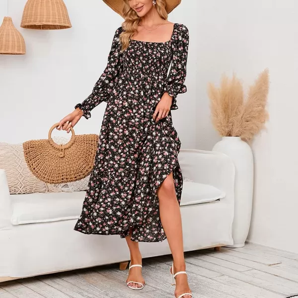 LYANER Women's Floral Shirred Square Neck Pleated Ruffle Flowy Hem Beach Midi Dress
