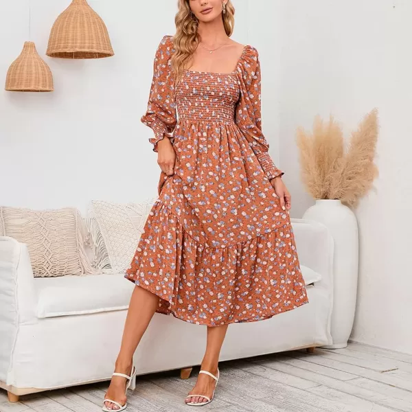 LYANER Women's Floral Shirred Square Neck Pleated Ruffle Flowy Hem Beach Midi Dress