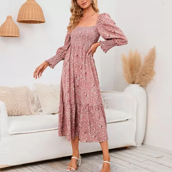 LYANER Women's Floral Shirred Square Neck Pleated Ruffle Flowy Hem Beach Midi Dress