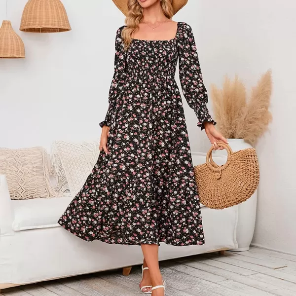 LYANER Women's Floral Shirred Square Neck Pleated Ruffle Flowy Hem Beach Midi Dress