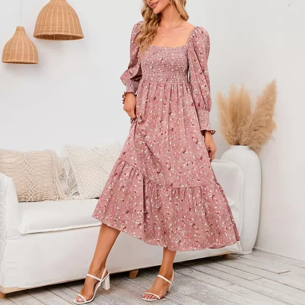 LYANER Women's Floral Shirred Square Neck Pleated Ruffle Flowy Hem Beach Midi Dress
