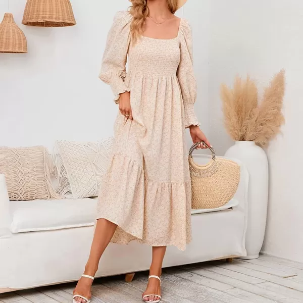 LYANER Women's Floral Shirred Square Neck Pleated Ruffle Flowy Hem Beach Midi Dress
