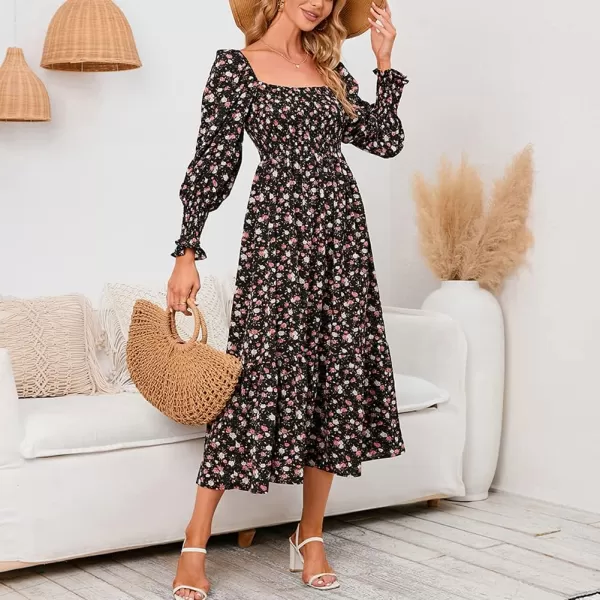 LYANER Women's Floral Shirred Square Neck Pleated Ruffle Flowy Hem Beach Midi Dress