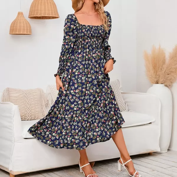 LYANER Women's Floral Shirred Square Neck Pleated Ruffle Flowy Hem Beach Midi Dress