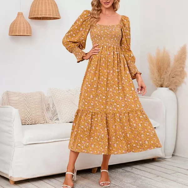LYANER Women's Floral Shirred Square Neck Pleated Ruffle Flowy Hem Beach Midi Dress