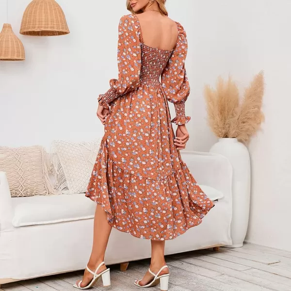 LYANER Women's Floral Shirred Square Neck Pleated Ruffle Flowy Hem Beach Midi Dress
