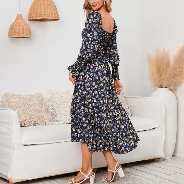 LYANER Women's Floral Shirred Square Neck Pleated Ruffle Flowy Hem Beach Midi Dress