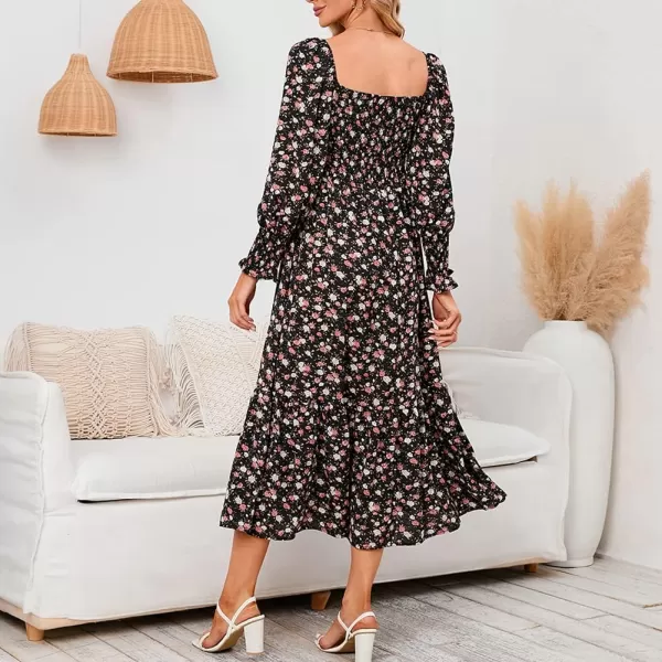 LYANER Women's Floral Shirred Square Neck Pleated Ruffle Flowy Hem Beach Midi Dress