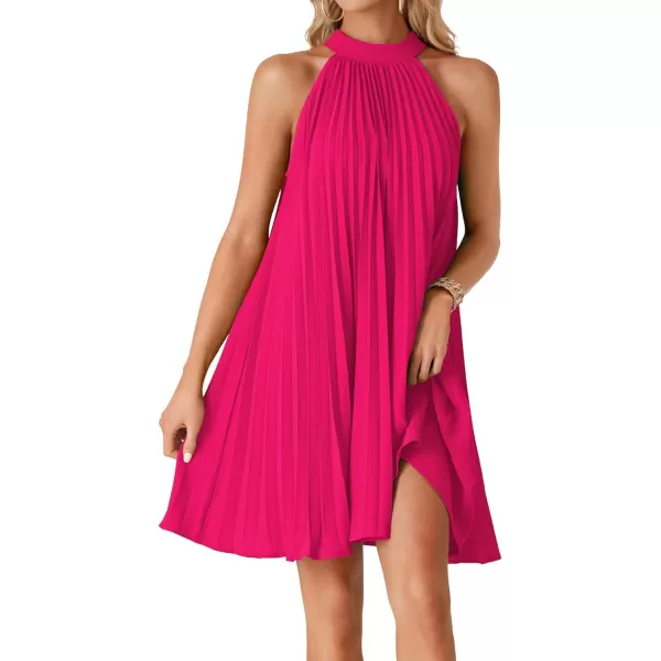LYANER Women's Halter Pleated Tie Knot Back Sleeveless Flowy Beach Mini Dress