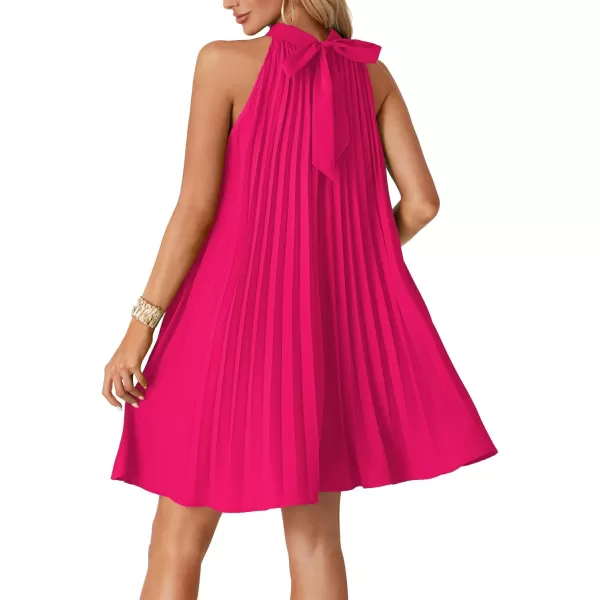 LYANER Women's Halter Pleated Tie Knot Back Sleeveless Flowy Beach Mini Dress