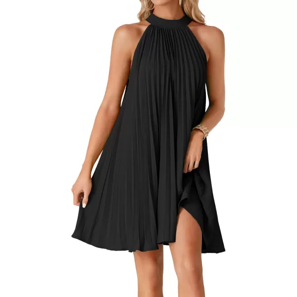 LYANER Women's Halter Pleated Tie Knot Back Sleeveless Flowy Beach Mini Dress