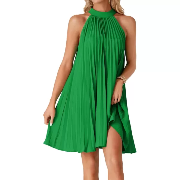 LYANER Women's Halter Pleated Tie Knot Back Sleeveless Flowy Beach Mini Dress