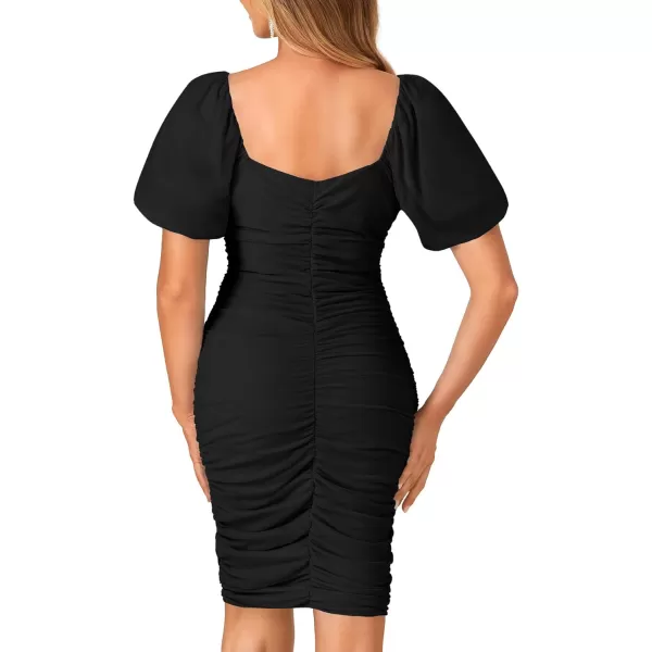 LYANER Women's Mesh Sexy Sweetheart Neck Puff Sleeve Backless Ruched Slim Fit Bodycon Party Club Mini Dress