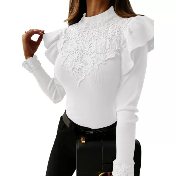 LYANER Women's Mock Neck Lace Front Ruffle Long Sleeve Knit Ribbed Top Shirt Blouse
