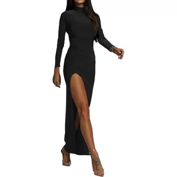 LYANER Women's Mock Neck Long Sleeve Slit Split Hem Cocktail Party Long Dress