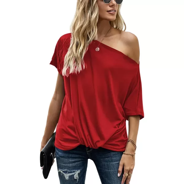 LYANER Women's Off Shoulder Twist Knot Batwing Sleeve Loose Tunic T Shirt Blouse Top