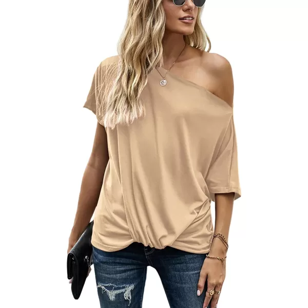 LYANER Women's Off Shoulder Twist Knot Batwing Sleeve Loose Tunic T Shirt Blouse Top