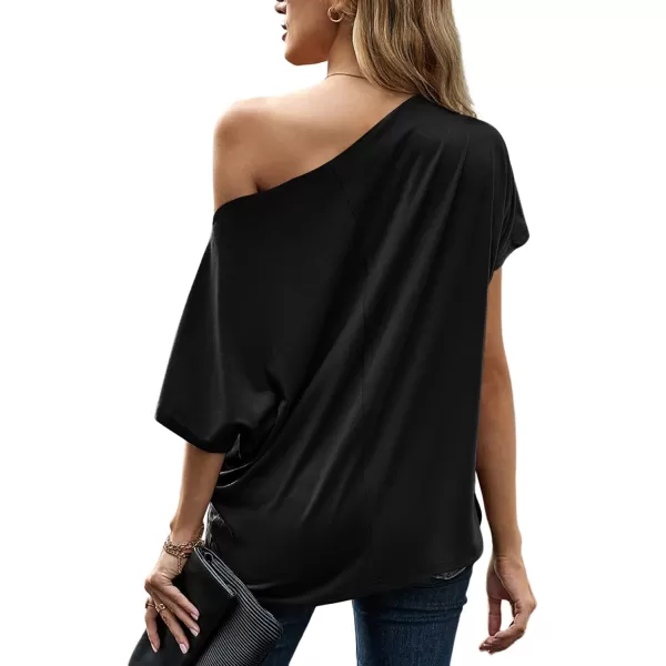 LYANER Women's Off Shoulder Twist Knot Batwing Sleeve Loose Tunic T Shirt Blouse Top