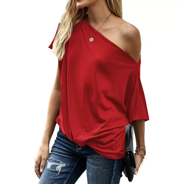 LYANER Women's Off Shoulder Twist Knot Batwing Sleeve Loose Tunic T Shirt Blouse Top