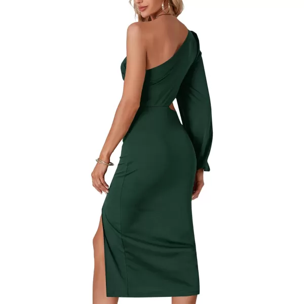 LYANER Women's One Shoulder Cut Out Split Slit Hem Long Sleeve Club Cocktail Bodycon Midi Dress