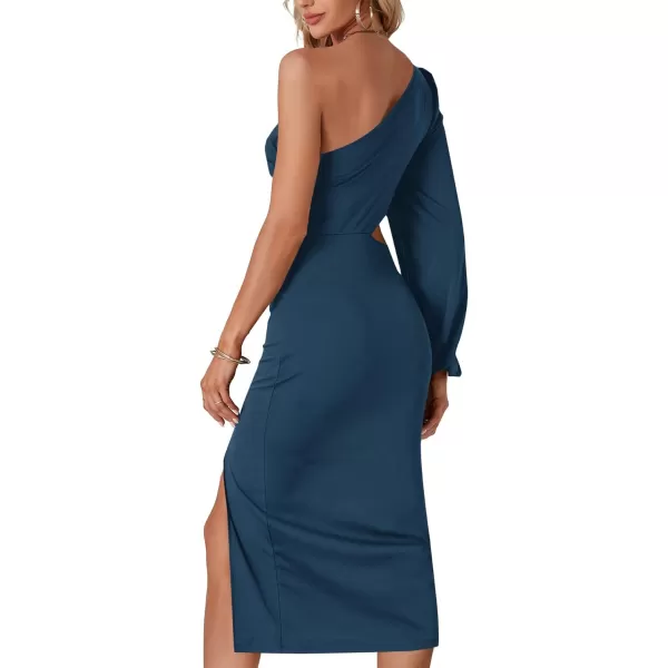 LYANER Women's One Shoulder Cut Out Split Slit Hem Long Sleeve Club Cocktail Bodycon Midi Dress
