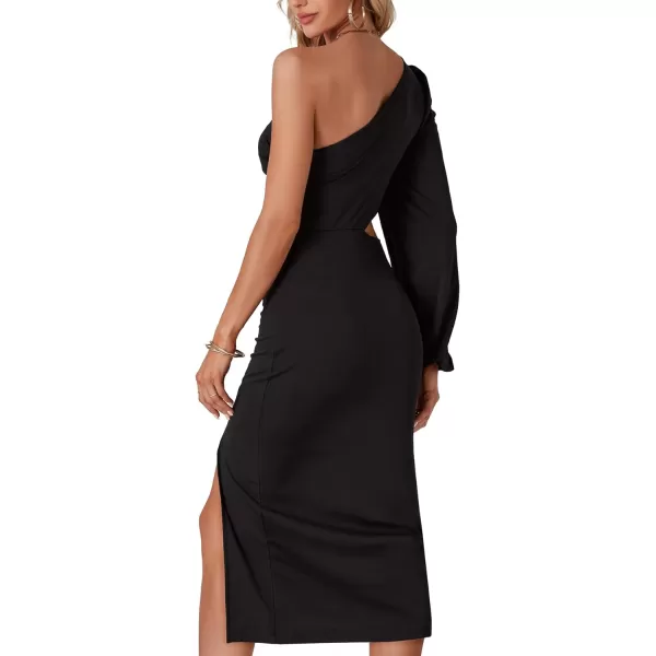 LYANER Women's One Shoulder Cut Out Split Slit Hem Long Sleeve Club Cocktail Bodycon Midi Dress