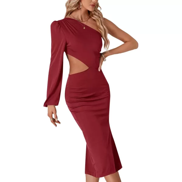 LYANER Women's One Shoulder Cut Out Split Slit Hem Long Sleeve Club Cocktail Bodycon Midi Dress