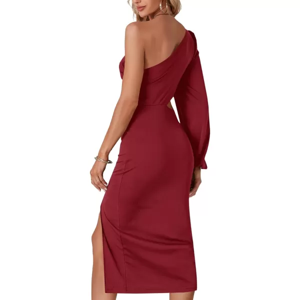 LYANER Women's One Shoulder Cut Out Split Slit Hem Long Sleeve Club Cocktail Bodycon Midi Dress