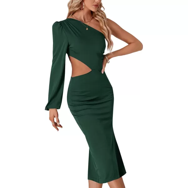 LYANER Women's One Shoulder Cut Out Split Slit Hem Long Sleeve Club Cocktail Bodycon Midi Dress