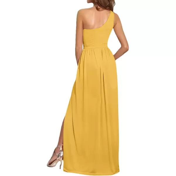 LYANER Women's One Shoulder High Split Sleeveless Ruched Sexy Cocktail Maxi Long Dress