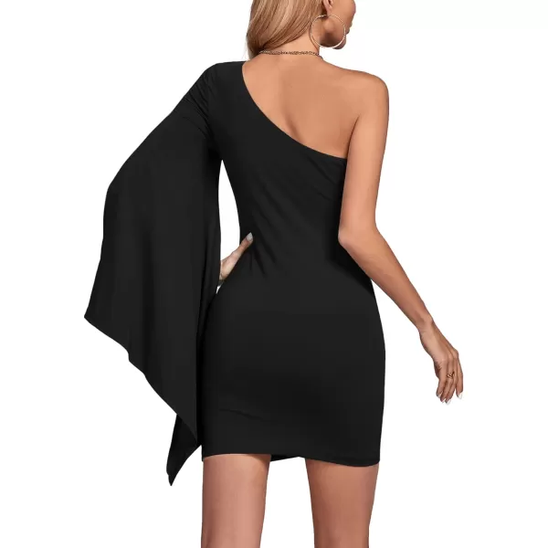 LYANER Women's One Shoulder Long Sleeve Ruched Mini Dress Bodycon Pencil Party Cocktail Mini Dress
