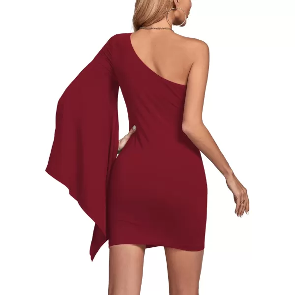 LYANER Women's One Shoulder Long Sleeve Ruched Mini Dress Bodycon Pencil Party Cocktail Mini Dress