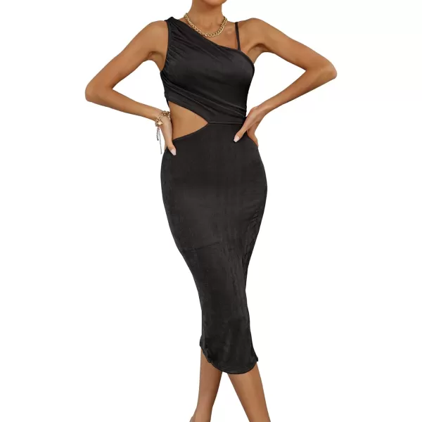 LYANER Women's One Shoulder Ruched Cut Out Split Slit Hem Sleeveless Bodycon Tank Midi Dress