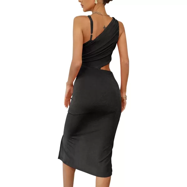 LYANER Women's One Shoulder Ruched Cut Out Split Slit Hem Sleeveless Bodycon Tank Midi Dress